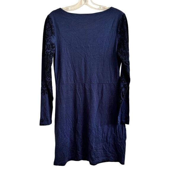 Desigual Long Sleeve Navy Blue Dress Black Velvet Paisley Floral Appliqué Large - Picture 2 of 5